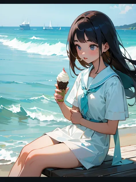  top quality 、masterpiece、 high res、Student girl holding ice cream、sea、summer