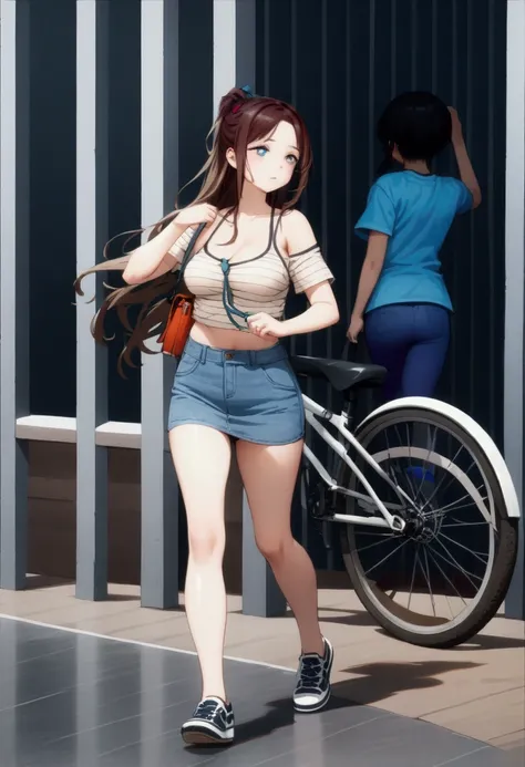 pretty young woman, walking posed, bicycle behind her, BREAK, {+forehead, long hair, black hair, half up half down, brown streaked hair, brown highlighted hair, brown ombre, two tone hair, white headphone}, BREAK, wearing short sleeves t-shirt (+black and ...