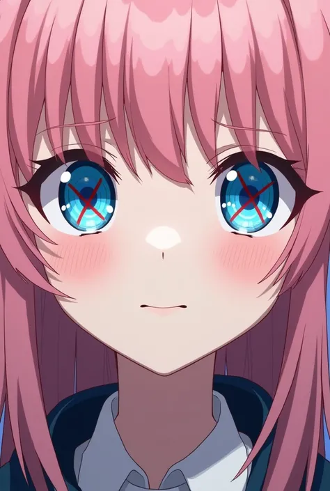 A pink haired anime girl with a blank expression and blue eyes with a crimson X pattern in the middle.