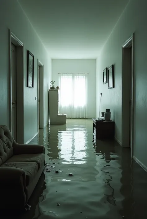 Flooded corridor of a house with white walls