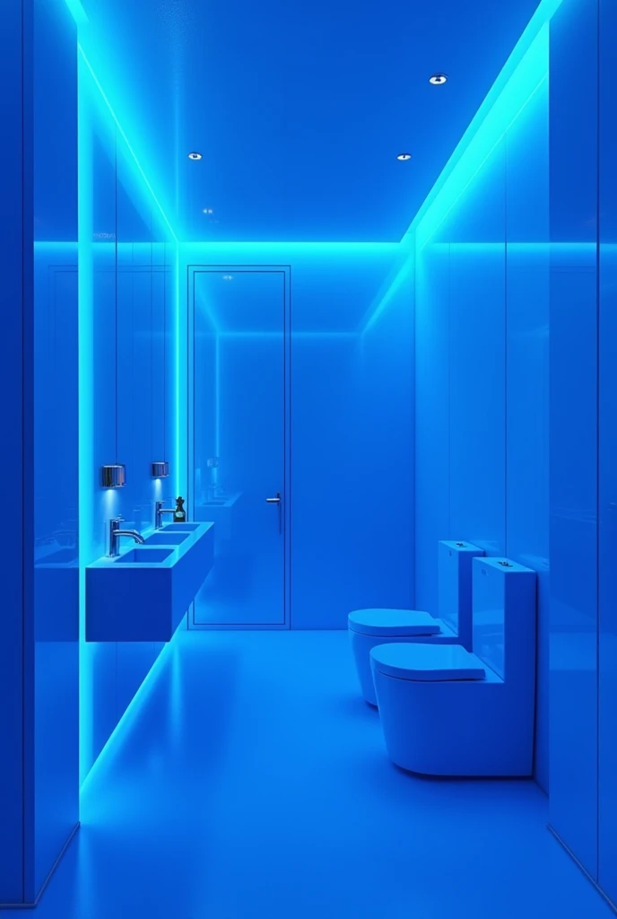 A CLUB RESTROOM THAT HAS LIGHT BLUE NEON LIGHTING, 