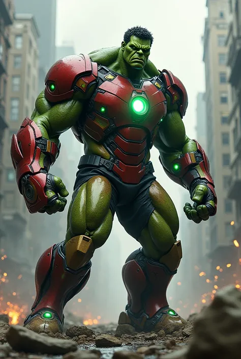 A futuristic hybrid creature combining the immense, muscular physique of the Hulk with the sleek, high-tech armor of Iron Man. The creature has glowing green skin partially covered with metallic red and gold armor plates, with arc reactor lights embedded i...