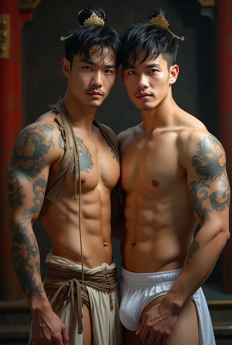 2 handsome chinese boys, Chinese Men God, Mythology, Chinese odyssy, super realistic,  Handsome ***************, Topless, Muscles Athlete body, Full Frame, Sexy, Professional Lighting, Hanfu Outfit, Chinese Heaven Background,  smooth skin color Underwear, ...