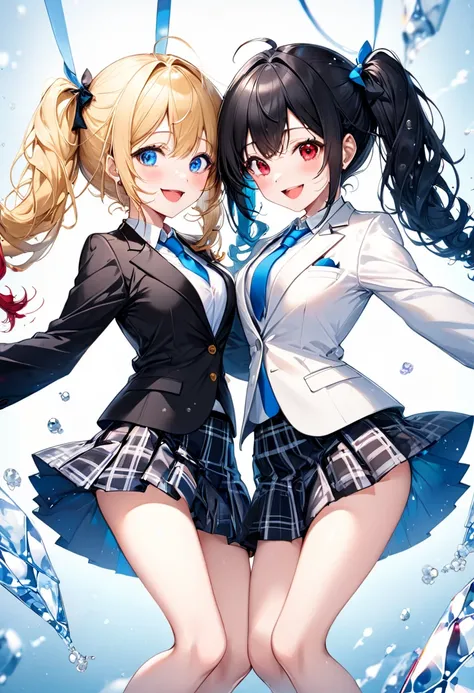 2 girls Holding hands, (Each girl has a unique appearance). BREAK. (first girl is cute blue eyes), (beautiful blonde hair, up and long twintail hair), AND, (another second girl is cute red eyes, vivid black hair, curly hair, long hair), BREAK, the girls ar...