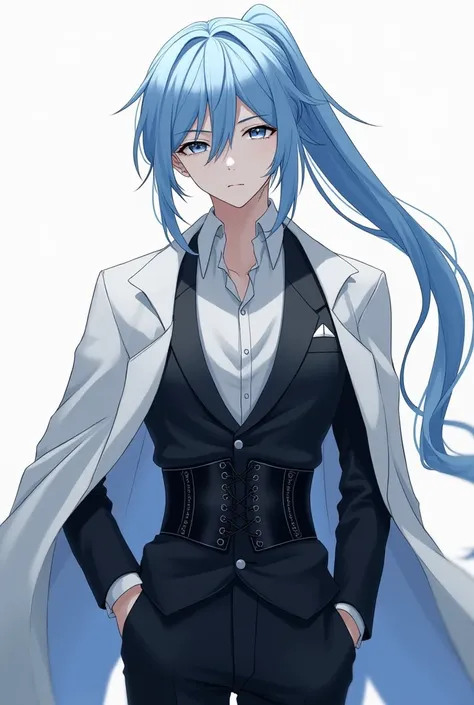  A Bungo Stray Dogs anime boy with long opaque blue hair in a ponytail with very light gray eyes and pale skin, at the age of 21 , wearing a black suit that has a white robe and shirt and a corset.