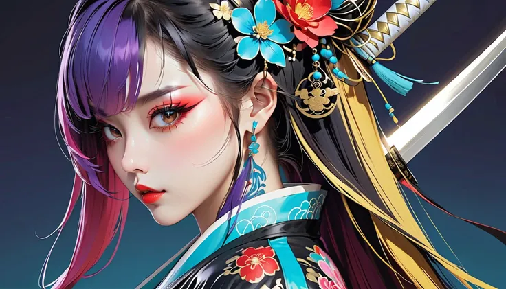 (masterpiece, ultra detailed,best quality,(((SIMPLE BACKGROUND))), (((hip hop girl))), (((1 girl))), (((Flashy makeup))), (((Japanese style headphones))),((samurai sword at back )), (((hiphop jacket ))),(((TATOO))), beautiful girl, long multiCOLOR Hair, De...