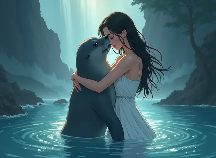 ((linearAnime, manga aesthetic, highly detailed, vibrant colors, dynamic lighting, soft shading, 8k resolution, masterpiece))、A woman emerging from water, with a seal climbing up beside her to embrace her, symbolizing harmony and connection. The woman has ...