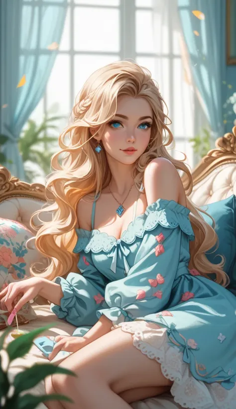 Create a cozy indoor scene with warm, natural light. Centered is a cute elven girl with long hair and whimsical decorations, lounging on a bed in a light off-the-shoulder dress and a bright blue pendant. The room features playful details like colorful curt...