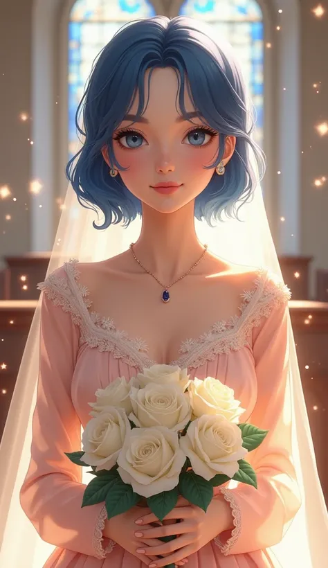 Young woman (ethnicity:1.2, age:1.2),  wearing a light peach wedding dress (detailed clothing:1.2), with subtle lace detailing (detailed clothing:1.2),  long sleeves, and a veil (accessories:1.1).  Shes holding a bouquet of white roses (accessories:1.1), w...