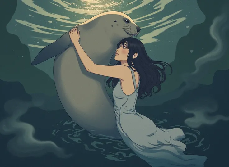 ((linearAnime, manga aesthetic, highly detailed, vibrant colors, dynamic lighting, soft shading, 8k resolution, masterpiece))、A woman emerging from water, with a seal climbing up beside her to embrace her, symbolizing harmony and connection. The woman has ...