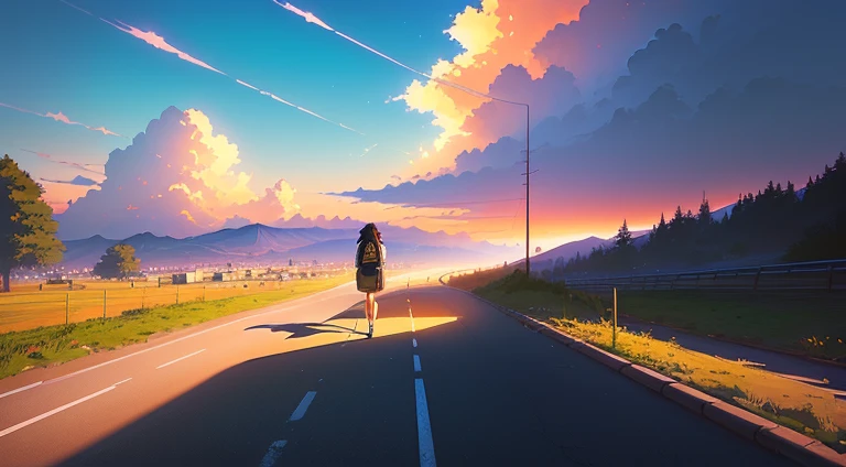 Bright landscape、Anime girls are walking。Im carrying a backpack on my back。, ( ( Makoto Shinkai ) ), アニメの女の子が走っている, in style of Makoto Shinkai, style of Makoto Shinkai,   beautiful animated scene , Makoto Shinkai style, Makoto Shinkai. —H2160年, Makoto Shin...