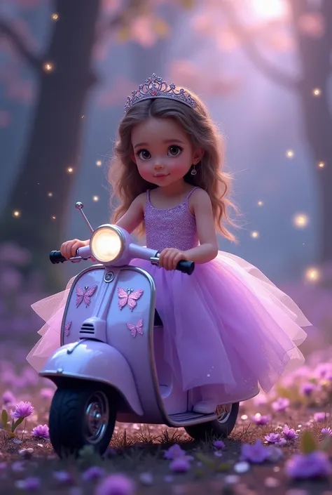 2. Prompt 2:
"A young girl on a sleek, lavender-colored miniature motorcycle decorated with glittering butterfly decals. She wears a flowing lavender dress covered in delicate butterfly motifs, paired with a tiara. The scene takes place in a magical forest...