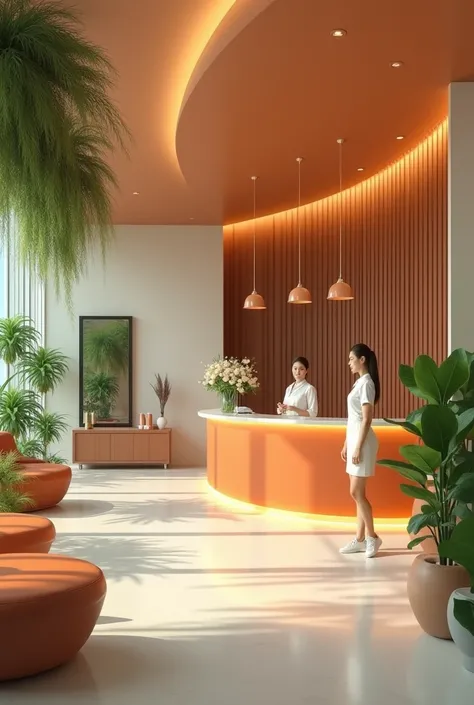  Get a reception at a beauty clinic, modern, Where are the colors green , beige and orange, add plants, sofa, TV, Counter,  coffee corner  , Shes very small  