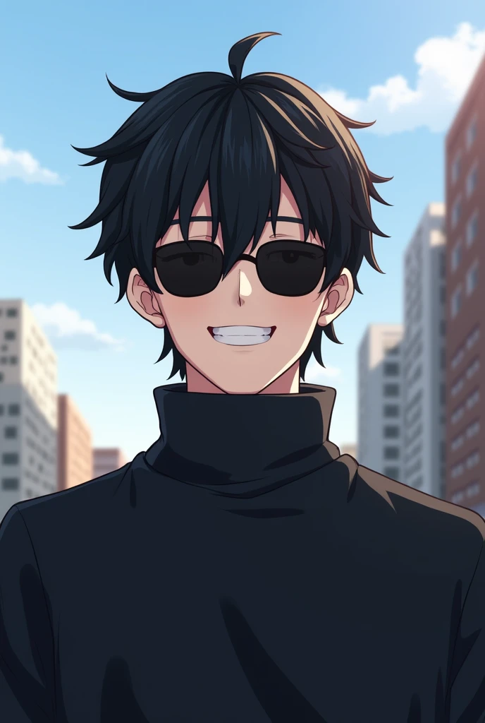  Create an image of a male character with short black hair , wearing dark sunglasses, smiling with visible teeth.  He is wearing a dark sweater with a high collar and is outdoors , with a backdrop of buildings in the background and clear sky .  The art sho...