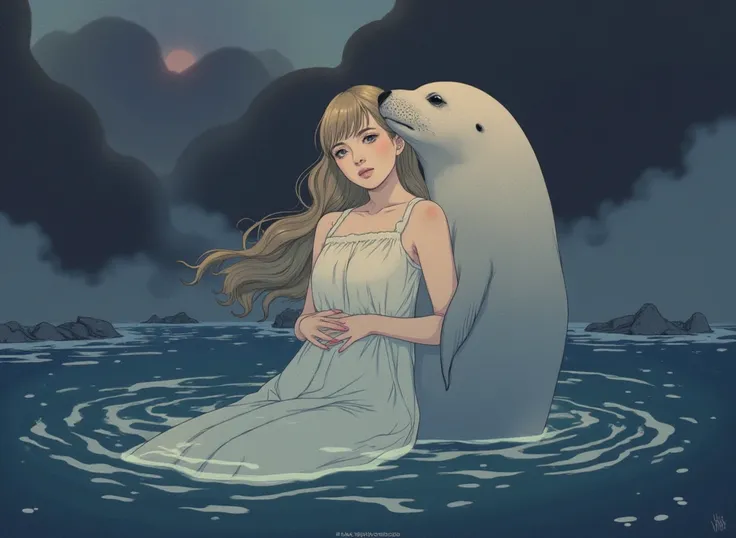 ((linearAnime, manga aesthetic, highly detailed, vibrant colors, dynamic lighting, soft shading, 8k resolution, masterpiece))、A woman emerging from water, with a seal climbing up beside her to embrace her, symbolizing harmony and connection. The woman has ...