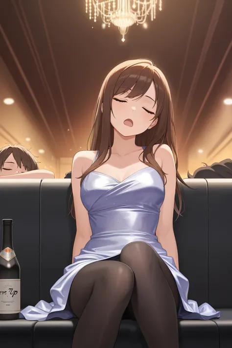 masterpiece, best quality,1girl,{fainting:2.0}, black tights, open mouth, party dress, eyes closed, club, official art, brown hair, long hair, sitting, bored, head tilt