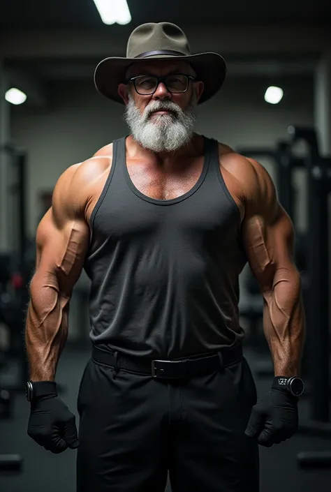 Solo, 1 boy,middle-aged muscular man, old grey bear, daddy wearing glasses, hat, big chest, wide chest, black wristband shorts, gloves and tank top, belt, beard, mustache ,armpit hair, gym background, front view, masterpiece, high detail, 8k, high resoluti...