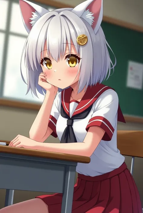 score_9, score_8_up, score_7_up, source_anime,
konekotoujou, koneko toujou, short hair, hair ornament, yellow eyes, white hair,
skirt, school uniform, shirt, white shirt, collared shirt, neckerchief, black neckerchief, long sleeves, red skirt,
indoors, cla...