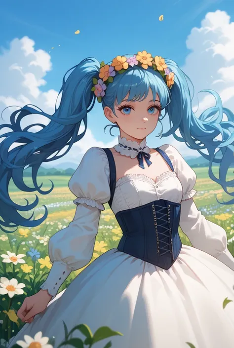 1girl, long hair with half twintails, wearing a flower crown, spring vibes, flower fields, white dress, dark blue corset and skirt, long puffed sleeves