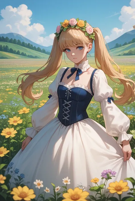 1girl, long hair with half twintails, wearing a flower crown, spring vibes, flower fields, white dress, dark blue corset and skirt, long puffed sleeves