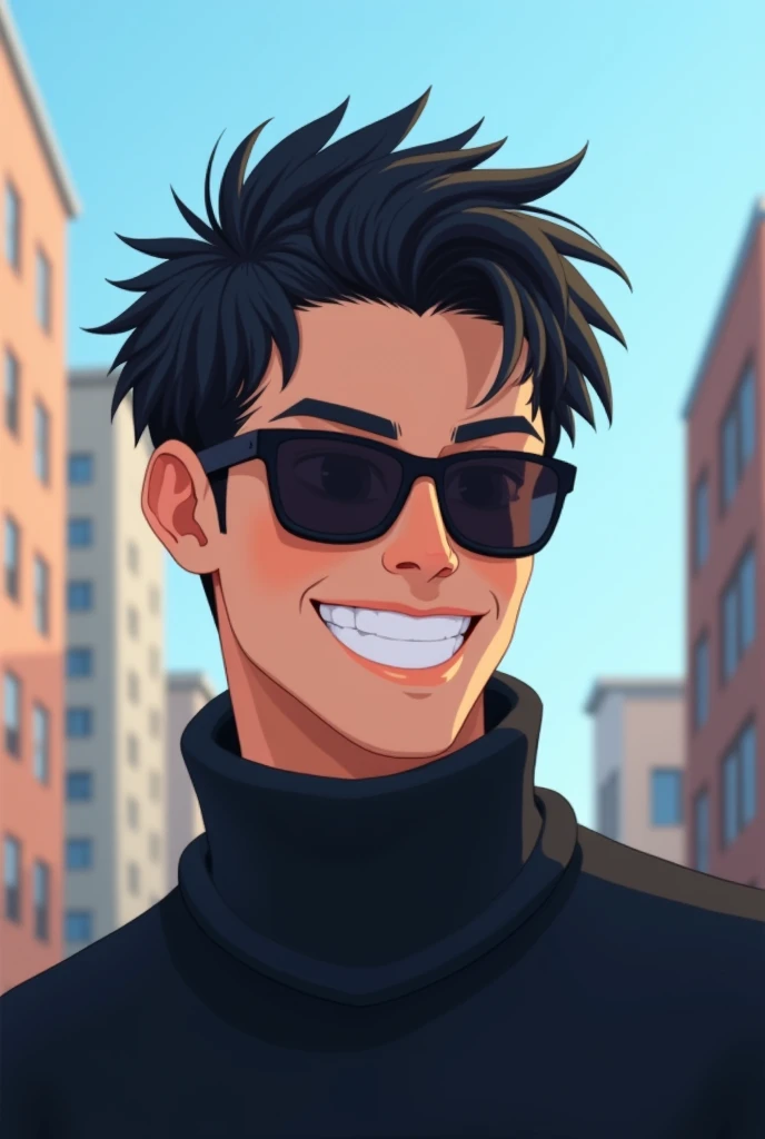 Create an image of a male character with, She appears to be 35 years old ,  short black hair , wearing dark sunglasses, smiling with visible teeth.  He is wearing a dark sweater with a high collar and is outdoors , with a backdrop of buildings in the backg...