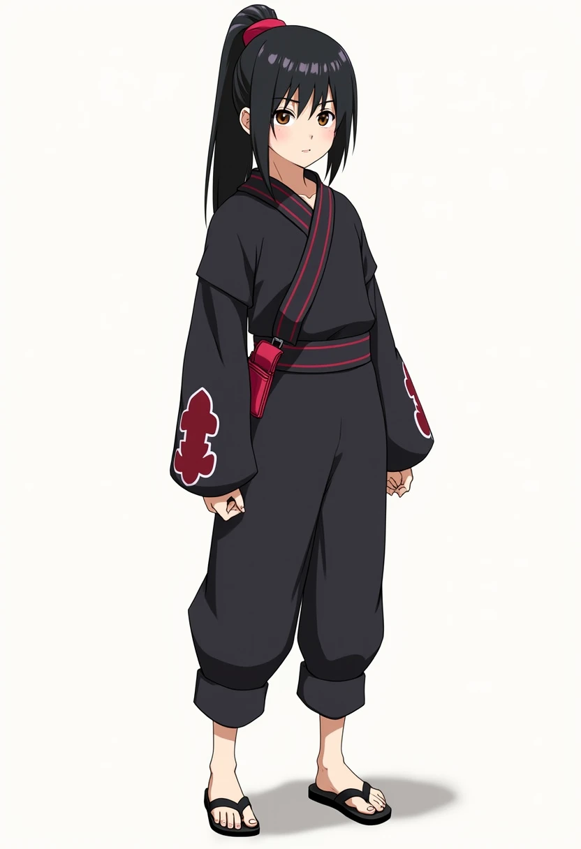 Hanabi Nara, a  ninja from the Nara clan, has black hair tied into a perfect ponytail, tied with a red ribbon, with bangs that frame her face. Her brown eyes convey intelligence and curiosity. She wears a black ninja uniform with red details and black sand...