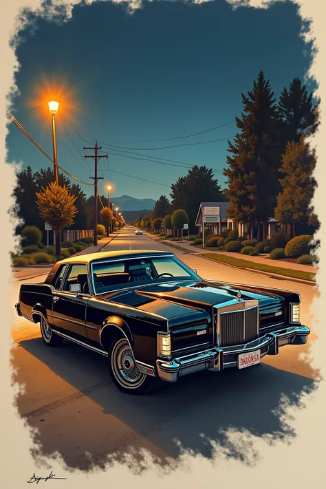 Painting of a black 1970s Lincoln Mark V low rider Car with a street light on the background colored illustration for tattoo, highly detailed and colored, richly detailed colored, inked and colored, traditional tattoo, gangster style tattoos, high quality ...