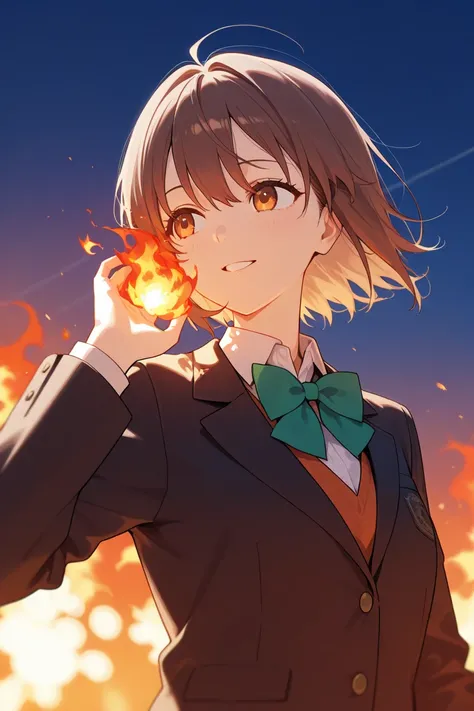 A female with brown hair and hands that are on fire