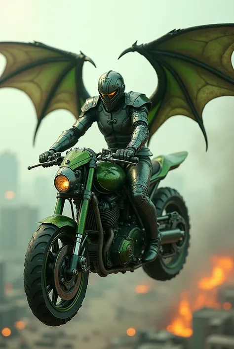  now the man has metal armor that covers absolutely his entire body ,  drives a motorcycle that is fused with a green dragon and the wheels of the motorcycle are replaced by saws to cut in a circular shape,  the man also has wings and the motorcycle is flo...