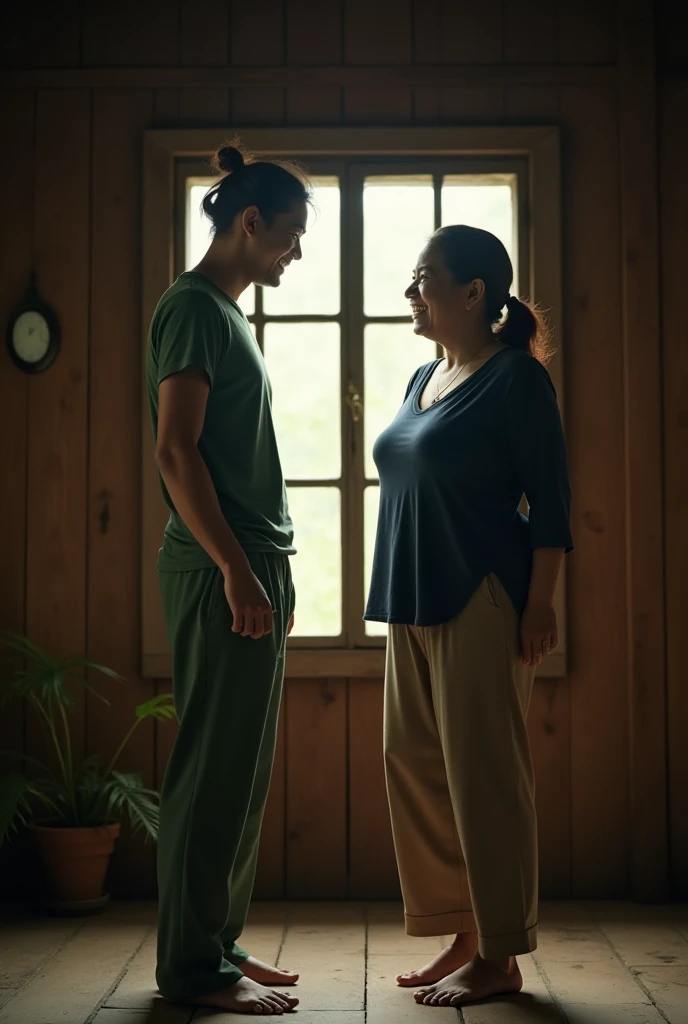 An Indonesian man is with a tied hair, wearing green short sleeved crop top, green low waisted long cloth, and barefooted. The man has a short and skinny figure. An Indonesian middle aged woman is with a tied hair, wearing navy blue long sleeved top, light...