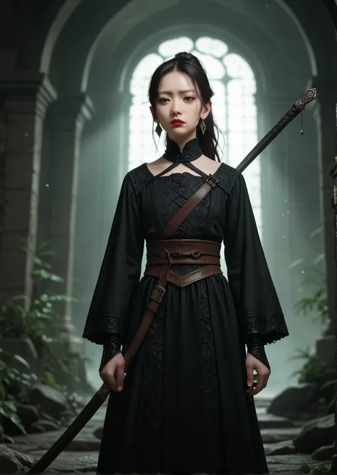 1 cute young beautiful asian woman shemale, dark haired, pale skin, grey eyes, asian slanted eyes, long hairs, red lips, dressed, sword with sheath, earring, black leather vampire hunter outfit, black boots, high ponytail, calm look, scary forest landscape...