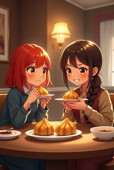 Two girls and boy eating momo tables in hotel. Girls hair is red .