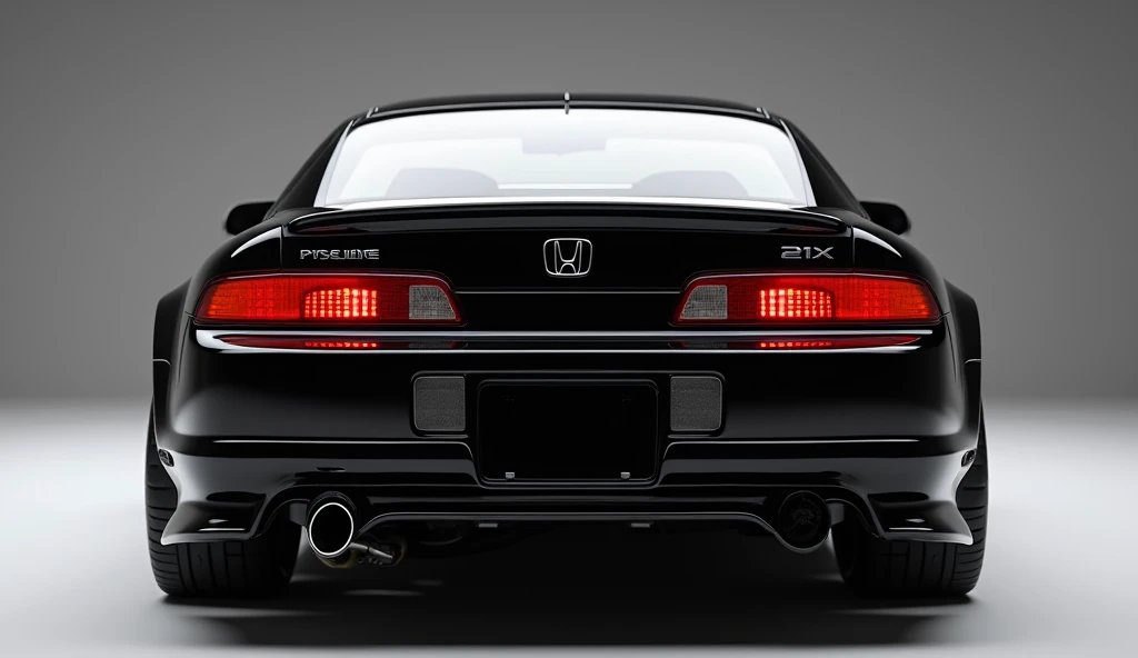 Create a 3d render back bumper review car design 2025 (Honda Prelude)  “Black colour with a “Honda” logo on back. “ on its  back end look. and Headlights“in pure glossy black with ultra detailed glossy shining image captured from  full back bumper review s...