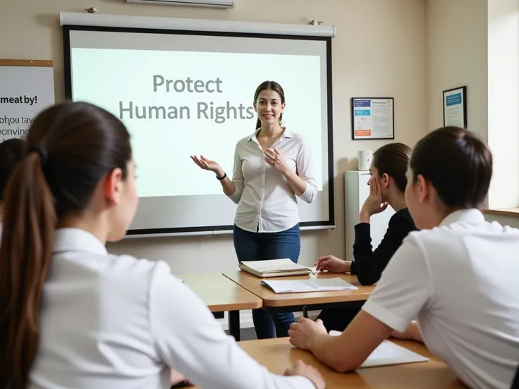 Scenery:  Training classrooms with students working in teams.
 character!:  Experienced instructor leading the class .
 Screen Text : "Protect human rights ".