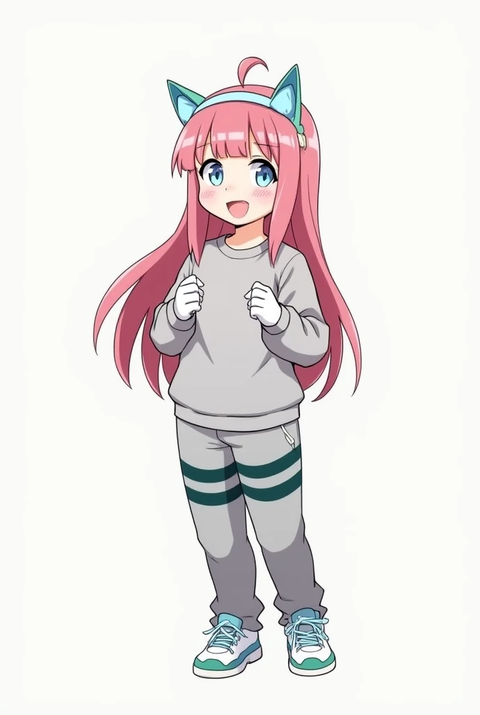 A somewhat small girl, with long hair with a pink upper part and a red lower part,  light blue eyes ,  With a gray ,  gray pants with two dark green stripes ,  white sneakers with blue ,  a headband with blue cat ears {x} white gloves with dark green insid...