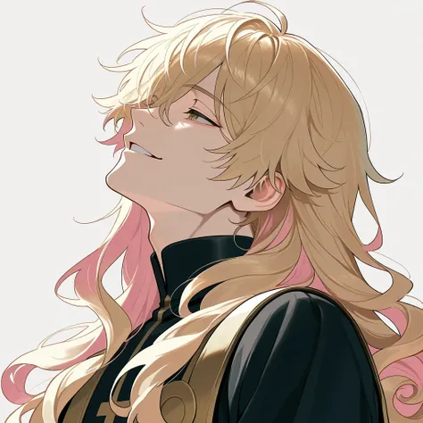 score_9, score_8_up, score_7_up, masterpiece, ultra-detailed,1 boy, Black priest, solo, Blonde hair, pink inner hair, curly hair, long hair, archaic smile, Simple background, FACE UP