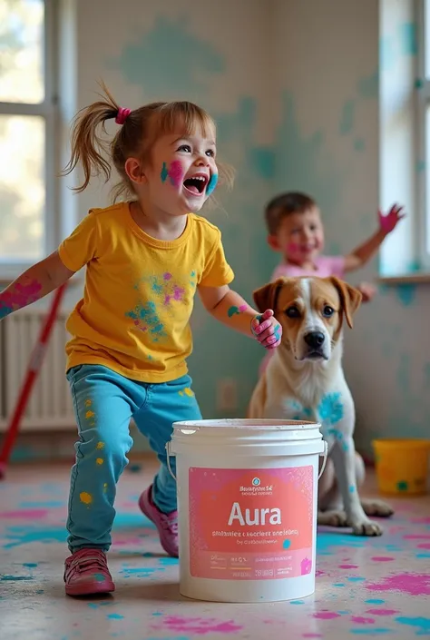 Design me a very real photograph of a girl , a boy and a dog painting a room,  all stained with colored paint next to a gallon of AURA paint from the Benjamín Moore Paints brand 