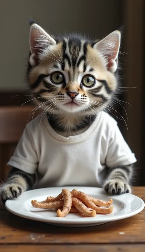  realistic image of a small kitten in white striped black color wearing a white t-shirt that looks dull and there is a slight tear on her t-shirt,  sitting in front of the dining room holding a white plate containing a pile of fish bones . the kitten looks...