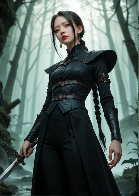 1 cute young beautiful asian woman shemale, dark haired, pale skin, grey eyes, asian slanted eyes, long hairs, red lips, dressed, sword held, earring, black leather vampire hunter outfit, black boots, pants, high ponytail, braids, calm look, scary forest l...