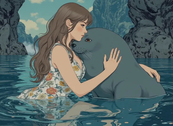 ((linearAnime, manga aesthetic, highly detailed, vibrant colors, dynamic lighting, soft shading, 8k resolution, masterpiece))、A woman emerging from water, with a seal climbing up beside her to embrace her, symbolizing harmony and connection. The woman has ...