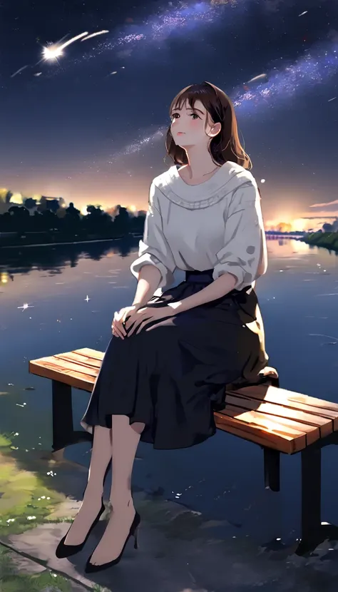 (((Night Time:1.5、Pitch black、Sit on a bench and look up at the stars:1.37、Sit on the floor and look up at the sky:1.2、Look at the sky:1.37)))、one person&#39;s、Extremely delicate facial and skin texture、White Summer Knitwear、Black long skirt、Everyday Scene...