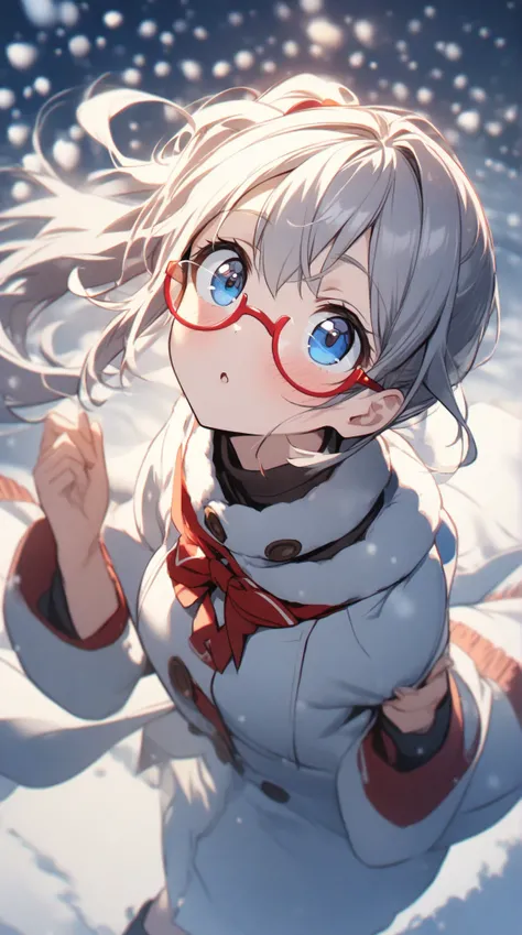 1 girl,  Grey Hair,   blue eyes, side ponytail, red rimmed glasses、winter、looks up at the 