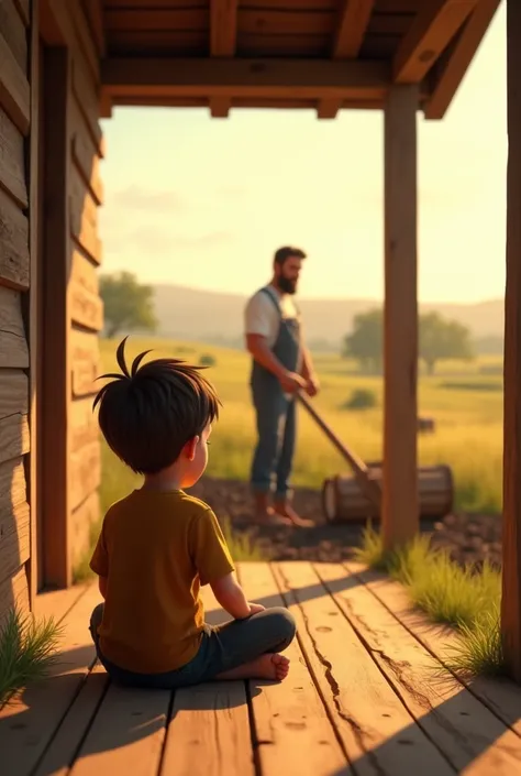 Create a Disney Pixar style wide shot of a young boy, around  with short brown hair, sitting on the porch of a modest wooden house. He is gazing toward his father, a middle-aged man with a rugged appearance and overalls, working hard in a field. The boy is...