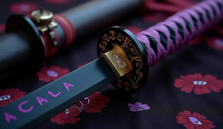 Realistic, theme is "a Japanese sword made of obsidian and a beautiful sheath", black-purple handle, intricately decorated disc-shaped tsuba, obsidian blade is 90cm long, black blade has the text "Acala" written in purple kanji, sophisticated design, advan...