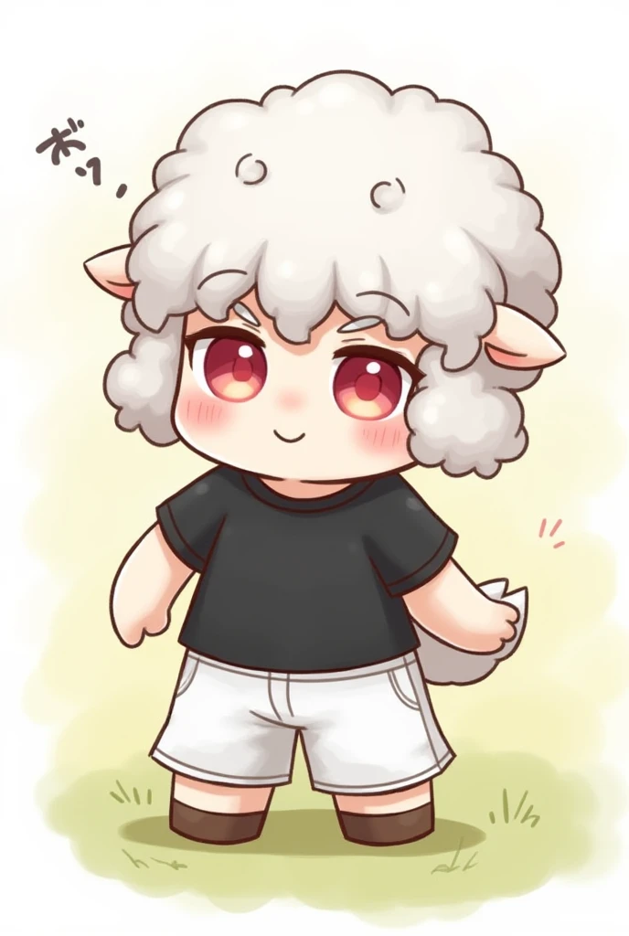 Character Description: The sheep stands confidently, its big red eyes wide open as it watches the clever fox approach. It has a playful expression, and its black t-shirt is slightly wrinkled while its white shorts flap slightly in the wind.