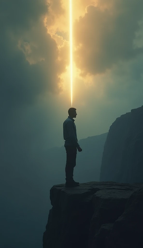 A person standing at the edge of a cliff, looking out into a vast, dark sky with clouds. A single beam of golden light breaks through the clouds, casting a glow on the person’s determined face. They stand tall, fists clenched, embodying **courage** as they...