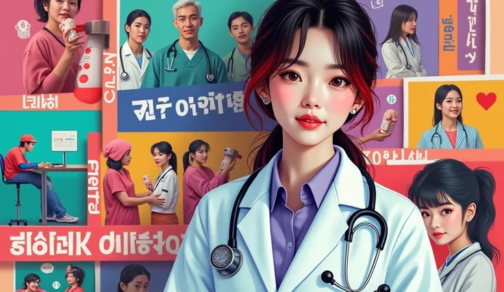 colorful collage image of healthcare photos, purple, green, red, blue, yellow scala fashion and the text "7887 Healthcare", a beautiful Korean woman doctor, pale skin, red and black hair, smiling, doctor suit, 

