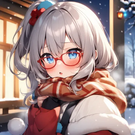 1 girl,  Grey Hair,   blue eyes, side ponytail, red rimmed glasses、winter、snow、 blush, 