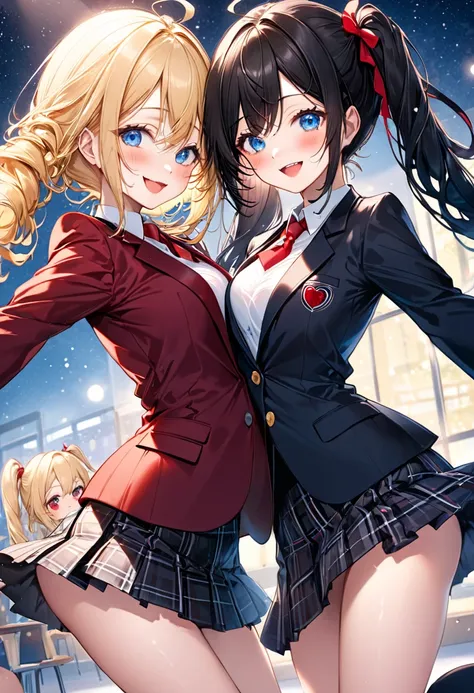 2 girls Holding hands, (Each girl has a unique appearance). BREAK. (first girl is cute blue eyes), (beautiful blonde hair, up and long twintail hair), AND, (another second girl is cute red eyes, vivid black hair, curly hair, long hair), BREAK, the girls ar...