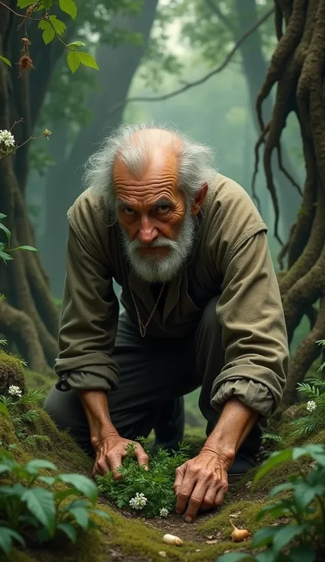 An old man hunting onions in the forest